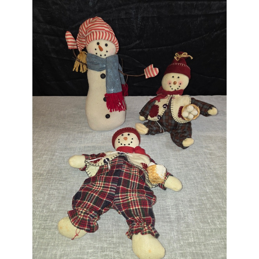 Primitive Plush Snowman Trio Rustic Christmas Winter Decor Plaid Set of 3